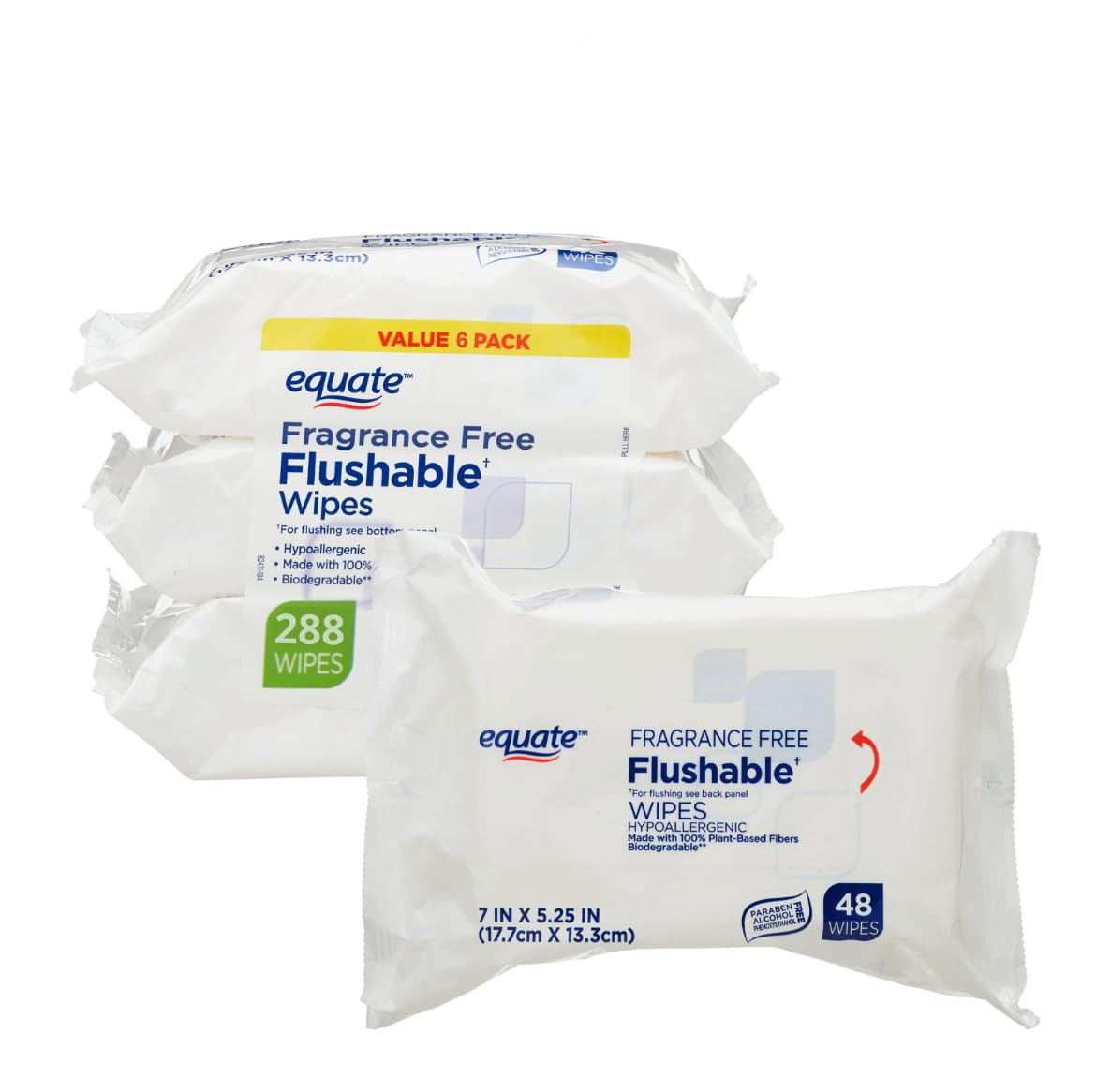 Equate Fragrance Free Flushable Wipes, 6 Resealable Packs (288 Total Wipes) | Hypoallergenic | Infused with Aloe & Vitamin E | Alcohol, Phenoxyethanol and Paraben free