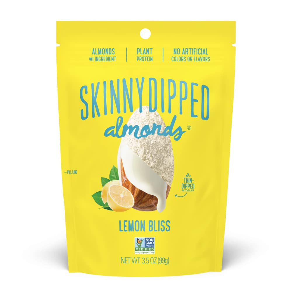 SkinnyDipped Lemon Bliss Yogurt Covered Almonds, Healthy Snack, Plant Protein, Gluten Free, 3.5 oz Resealable Bags, Pack of 5