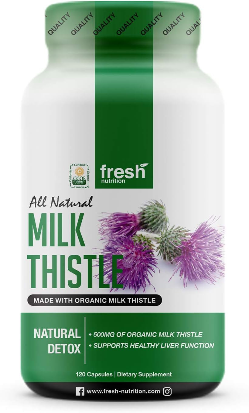 Fresh Nutrition Milk Thistle Organic - 120 Servings of 2000mg - Strong – 4 Month Supply – CCOF Organic - Silymarin Thisilyn Seed Standardized Extract 4:1 Capsules - Made in The USA