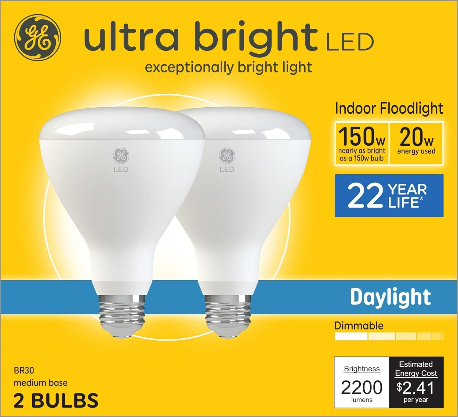 GE ultrabright LED 150 watt Equivalent BR30 Daylight Dimmable Indoor Flood Light Bulb (2 Pack)