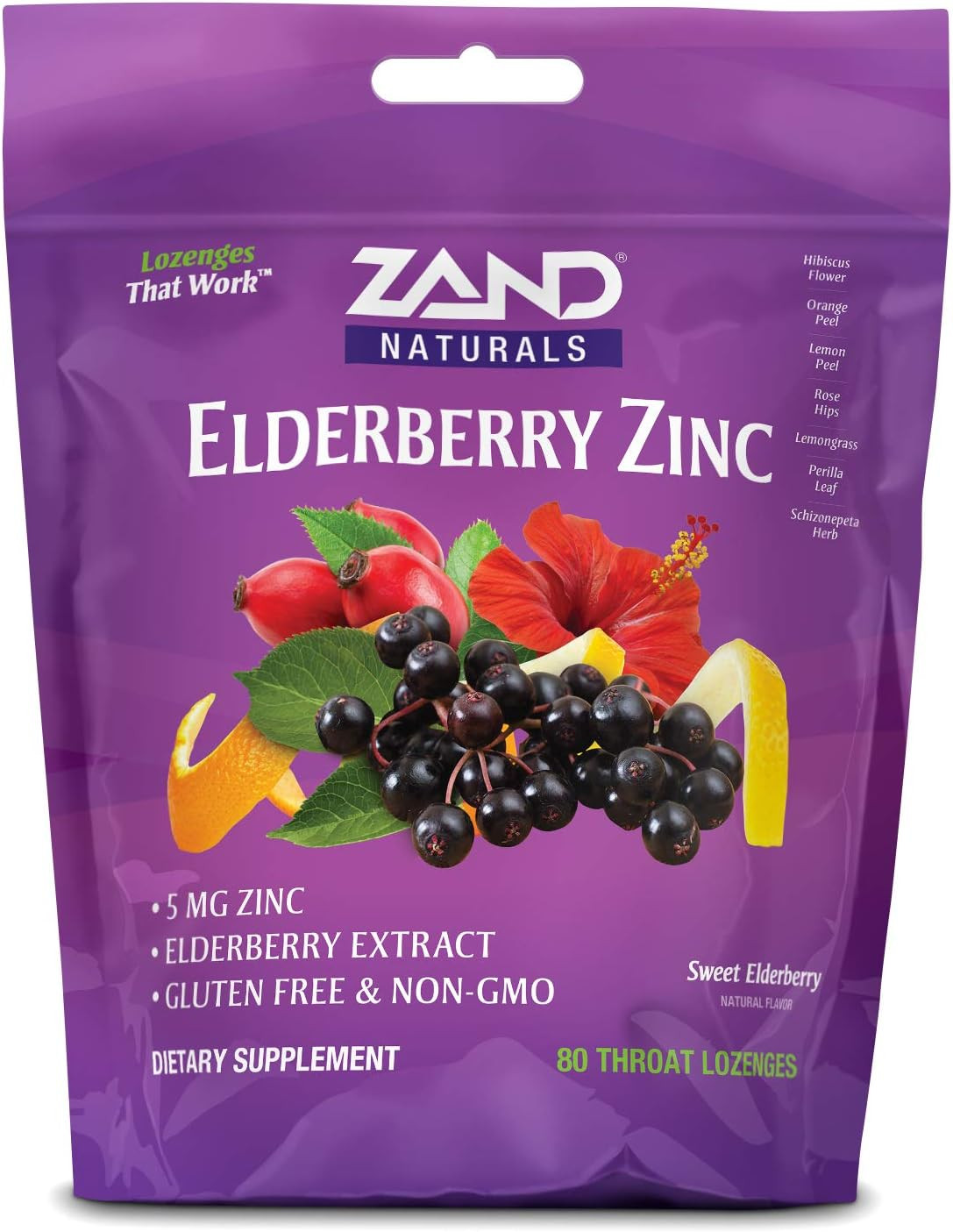 Zand HerbaLozenge Elderberry Zinc Lozenges for Dry Throats, No Artificial Sweeteners, No Corn Syrup, No Cane Sugar, No Colors, 80 Count