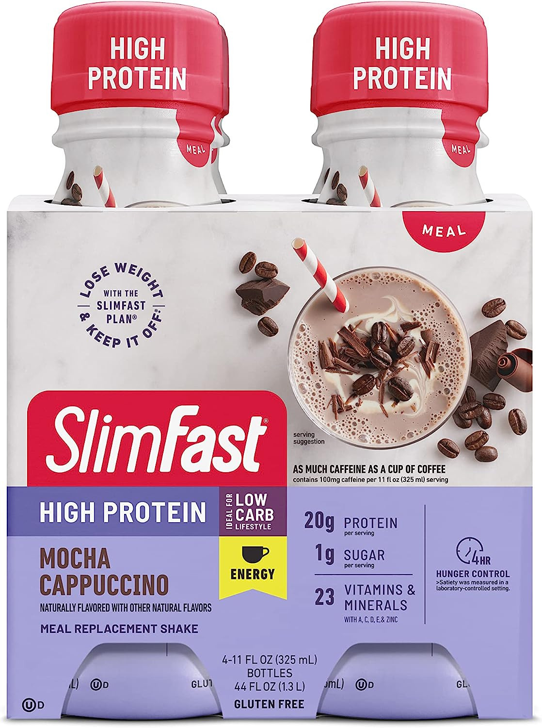 SlimFast Advanced Energy High Protein Meal Replacement Shake, Mocha Cappuccino, 20g of Ready to Drink Protein with Caffeine, 11 Fl. Oz Bottle, 4 Count (Packaging May Vary)