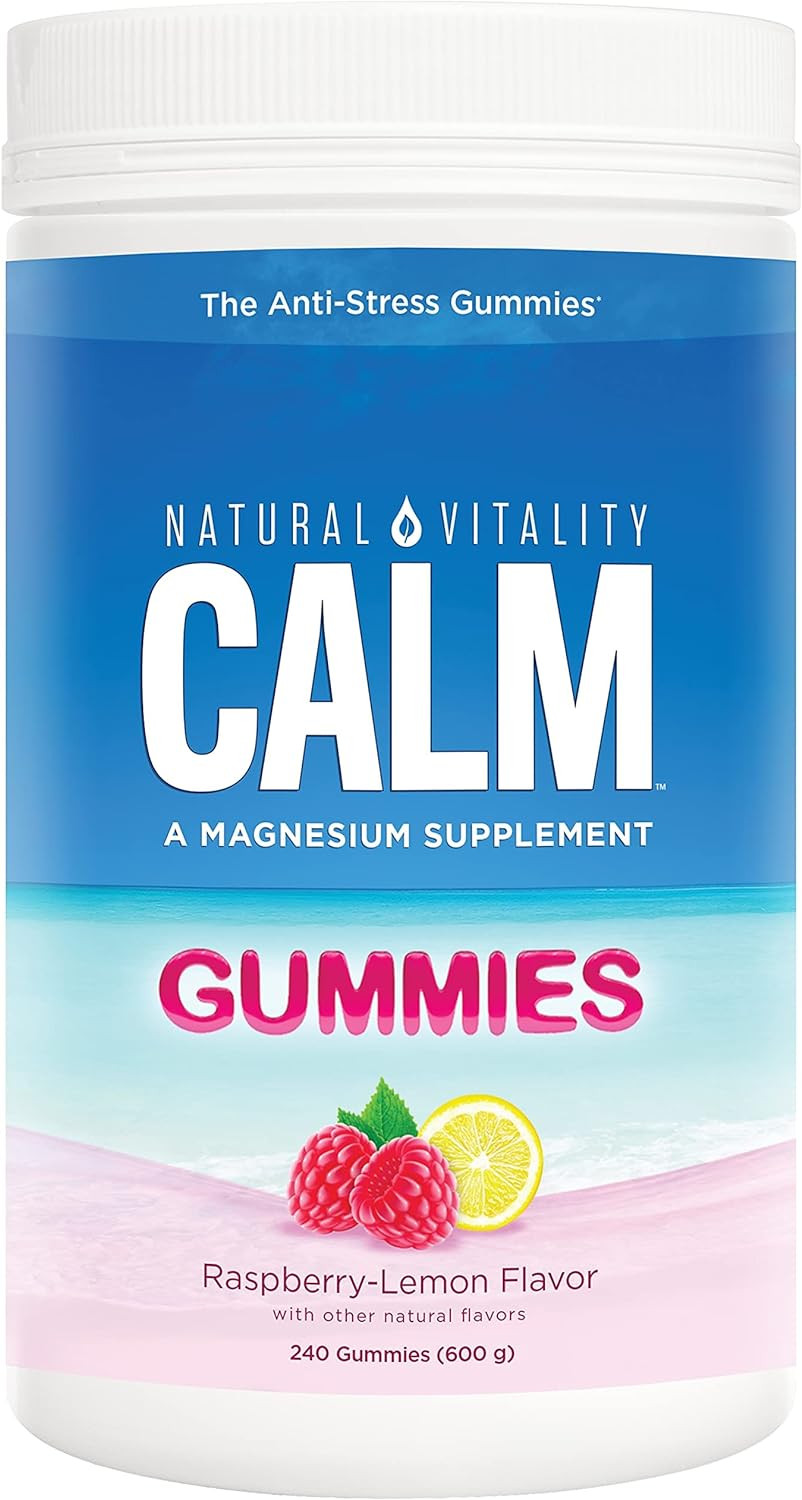 Natural Vitality Calm, Magnesium Citrate Supplement, Stress Relief Gummies, Supports a Healthy Response to Stress, Gluten Free, Vegan, Raspberry Lemon, 240 Gummies (Packaging May Vary)