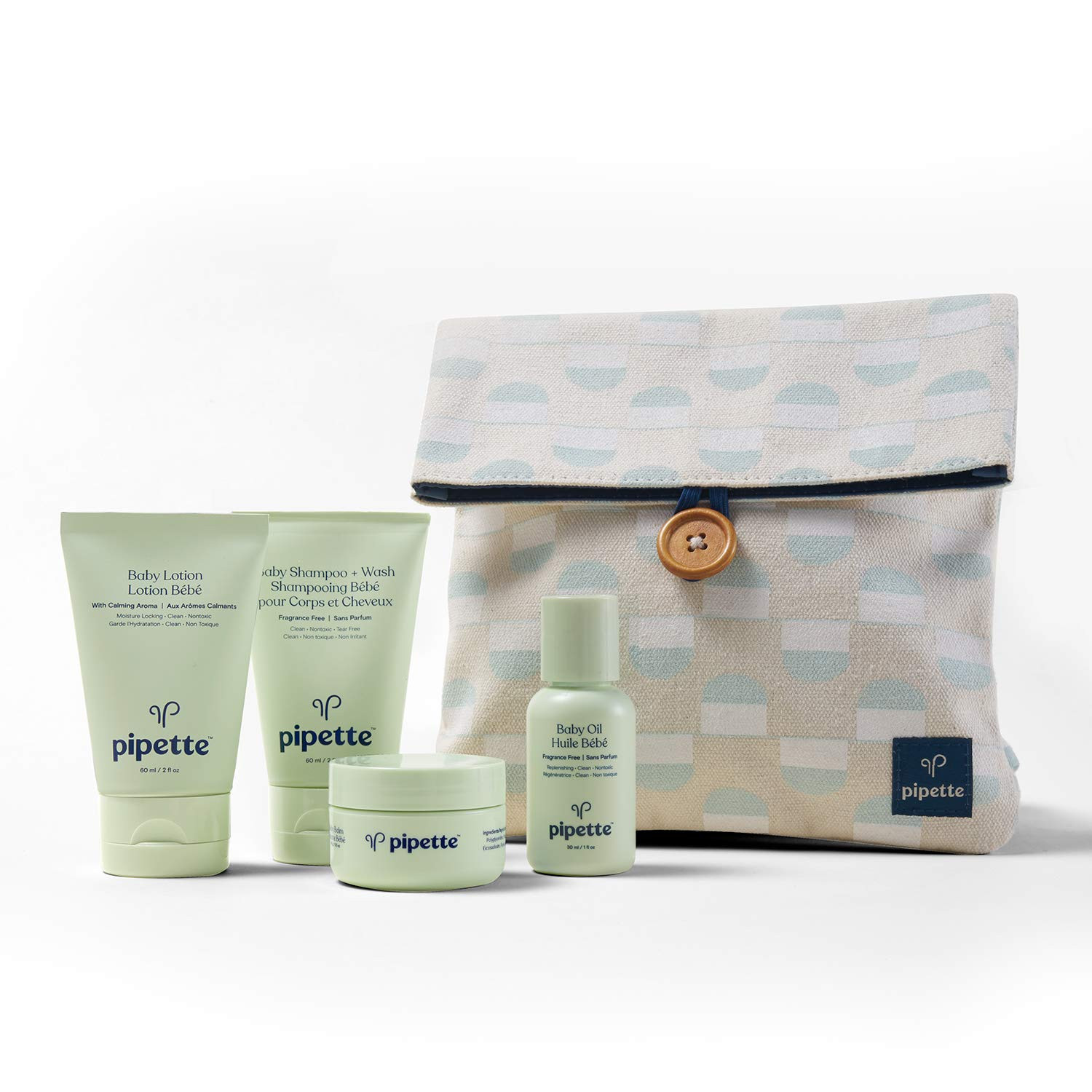Pipette Baby Travel Kit - Trial Size Toiletries, Baby Gift Set, Hypoallergenic, Free of Synthetic Fragrances, Cruelty-Free, 4 Products + Travel Pouch