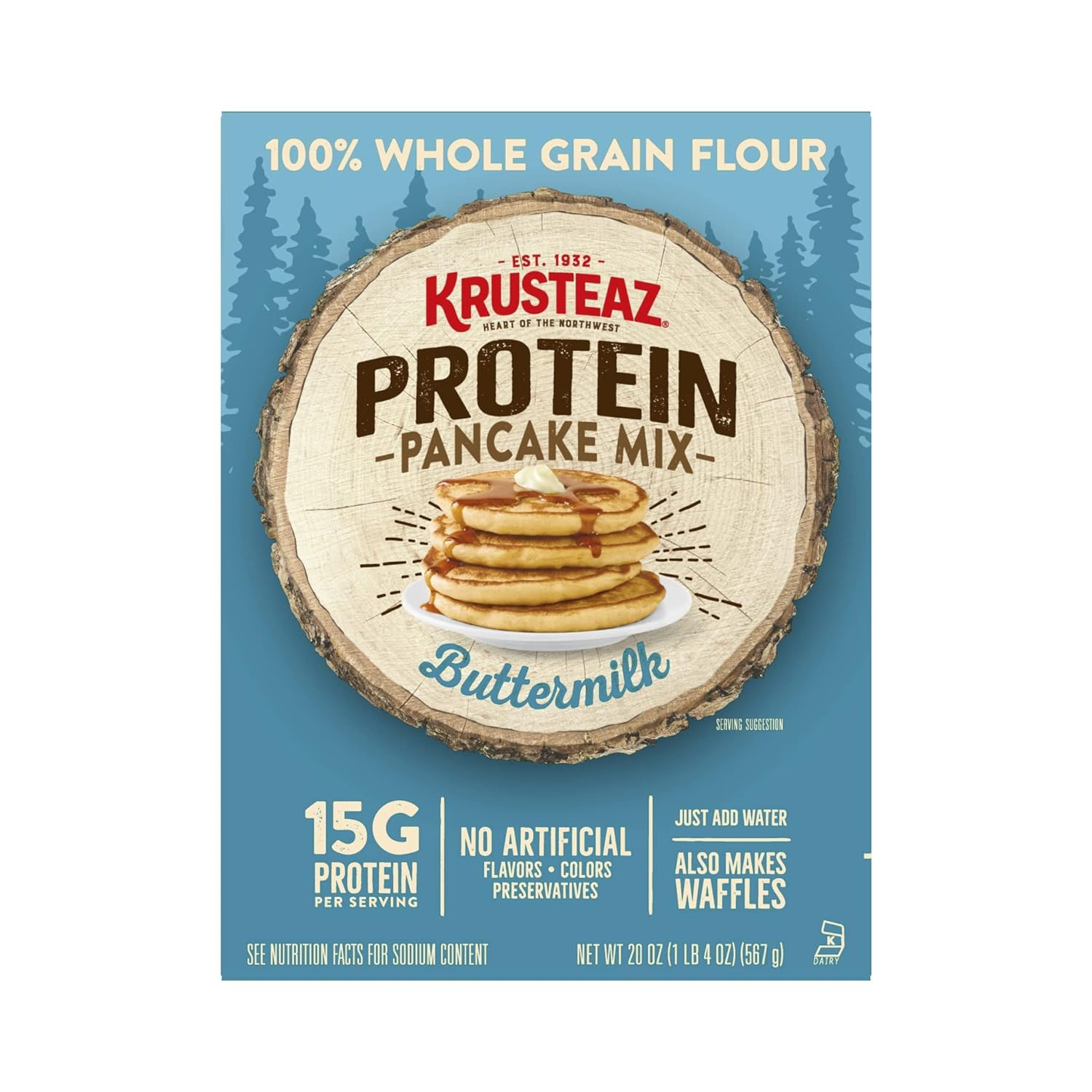 Krusteaz Protein Pancake Mix, Buttermilk Pancake Mix, 100% Whole Grain Flour & 15g of Protein Per Serving, Also Makes Waffles, Just Add Water (1.25 Pound (Pack of 2))