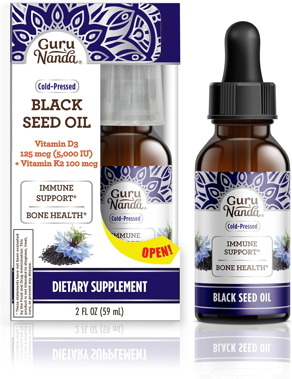 GuruNanda Black Seed Oil, Cold-Pressed Nigella Sativa - Rich in Vitamin D3 5000 Units, K2 & E, High Thymoquinone | Potent Antioxidant for Immune Support, Non-GMO, 2 Fl.oz