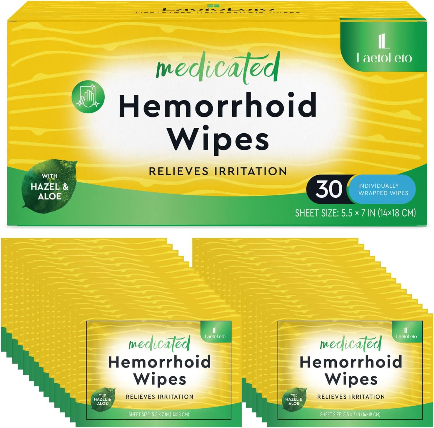 Laeto Leto Hemorrhoid Treatment, Hemorrhoid Wipes, Witch Hazel Wipes for Hemroidal Care, Hemroidal Medicated Wipes Maximum Relief Hemorrhoid Pain, Burning and Itching, 30 Count