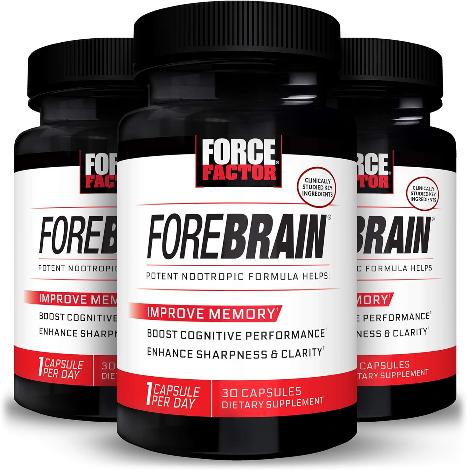 FORCE FACTOR Forebrain Nootropic Brain Supplement with Caffeine Bacopa and Huperzine A Capsules 3Pack, White, 90 Count