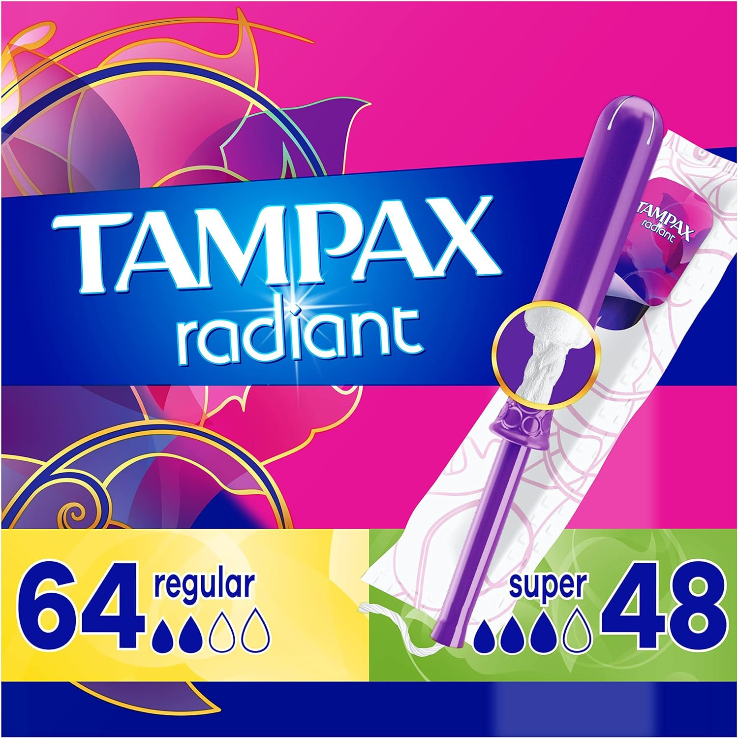 Tampax Radiant Plastic Tampons, Regular/Super Absorbency Duopack, 112 Count, Unscented, 28 Count, Pack of 4 (112 Count Total)