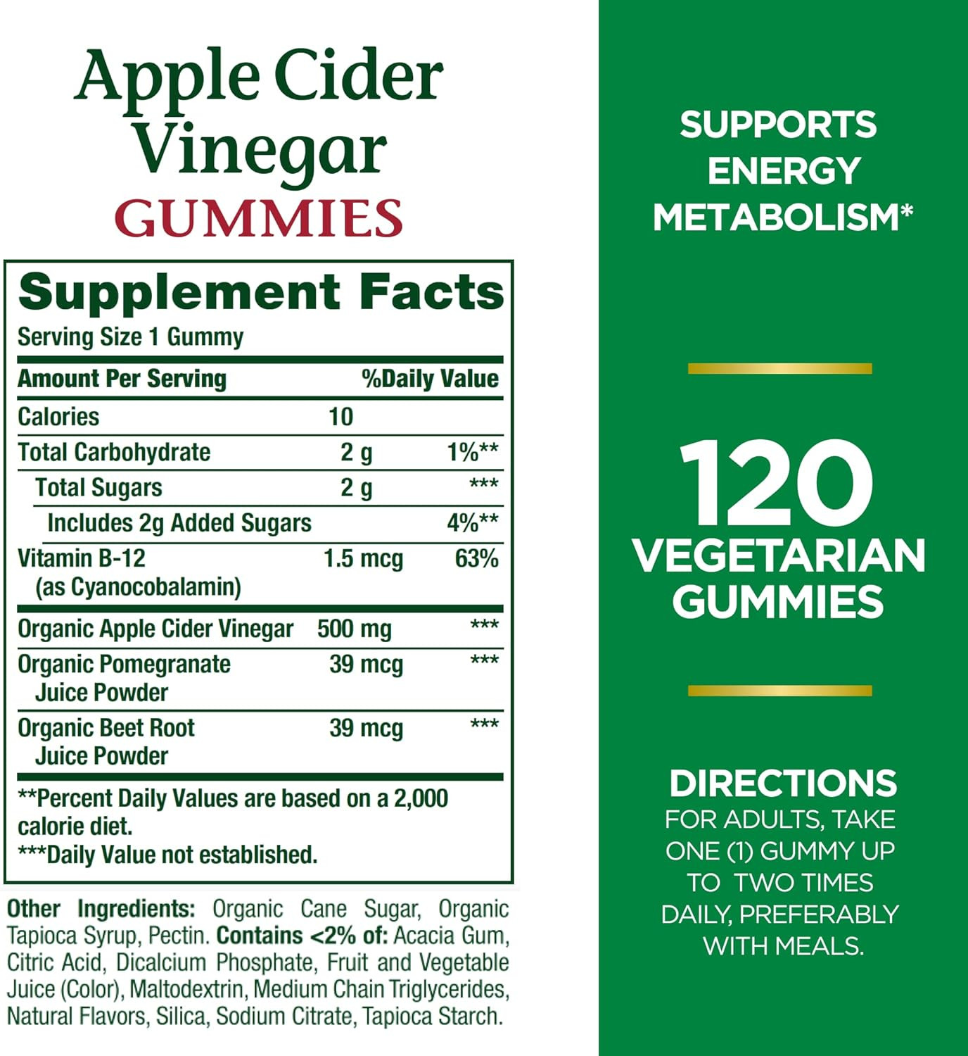 Nature's Bounty Apple Cider Vinegar Gummies - Energy & Metabolism Supplements - Unfiltered liquid ACV with the Mother, Non-GMO, Vegetarian, Vitamin B12, Beet Root, Pomegranate (500 Mg, 120 Count)