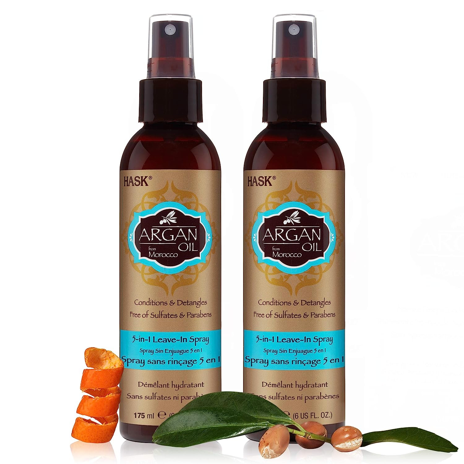 HASK Repairing ARGAN OIL 5-in-1 Leave In Conditioner Spray for all hair types, color safe, gluten free, sulfate free, paraben free - 2 PIECE SET