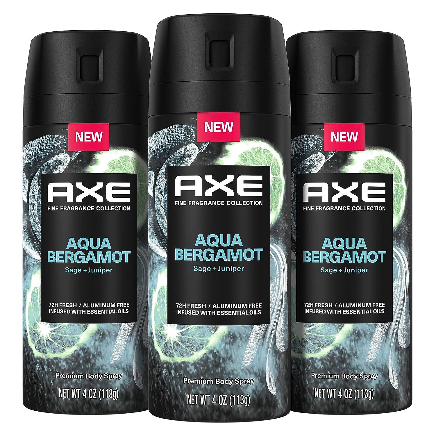 AXE Fine Fragrance Collection Premium Deodorant Body Spray for Men Aqua Bergamot 3 Count with 72H Odor Protection and Freshness Infused with Aqua, Bergamot, and Sage Essential Oils 4 oz