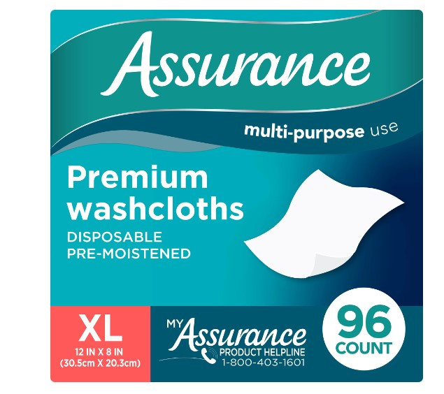 Assurance Premium Pre-moistened Disposable Washcloths, Extra Large, 48ct, Multi(192 Wipes Total) by Assurance